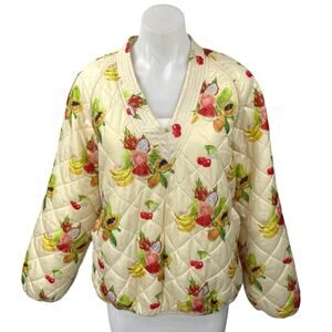 Melody Ehsani Cream Fruit Print Quilted V-Neck Pullover Puffer Coat Jacket Top L